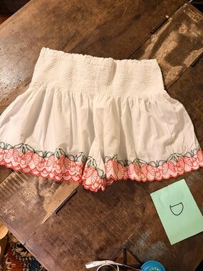 Joie White Smocked Waist Shorts with Red & Green Embroidered Strawberry Trim